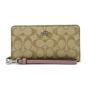 Coach Long Zip Around Wallet in Signature Canvas Light Khaki Ice Purple C4452